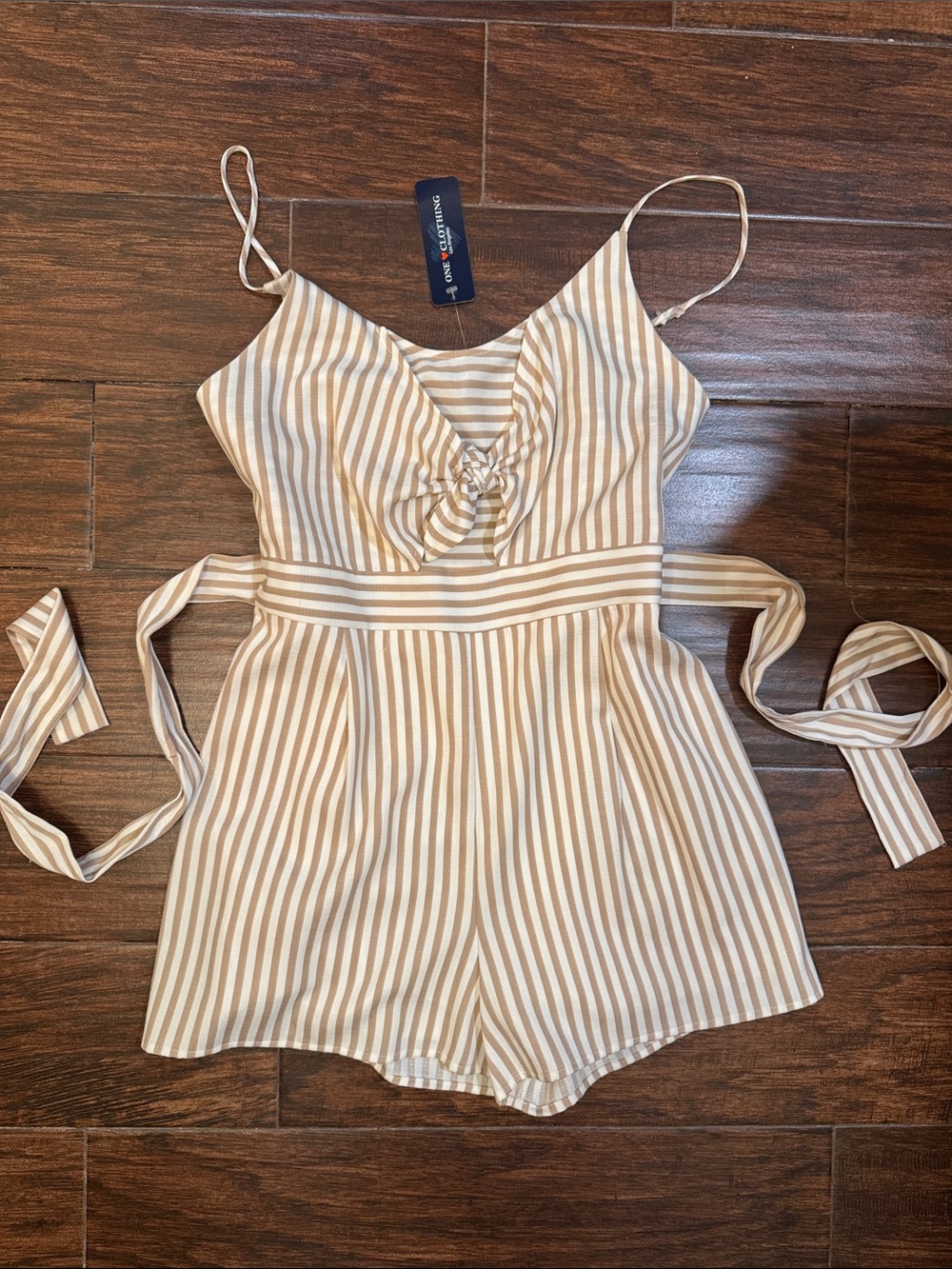 one clothing Beige and White Striped Spaghetti Strap Romper